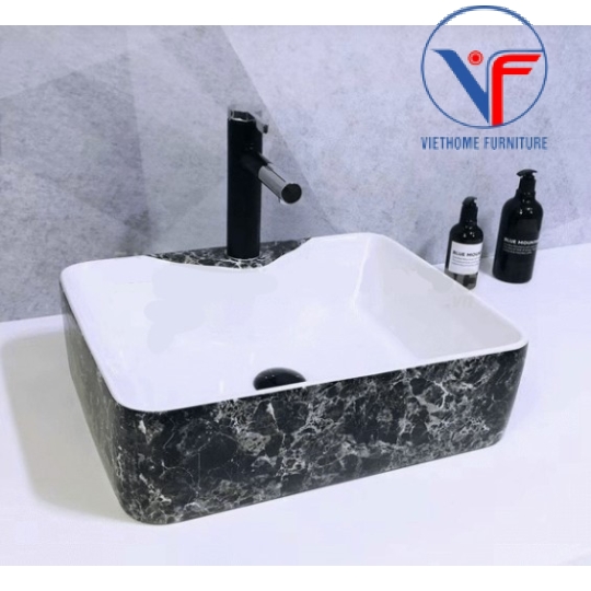 Bồn Lavabo Rửa Mặt Đặt Bàn Sứ Chữ Nhật Họa Tiết vân đen khói
