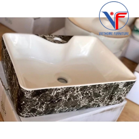 Bồn Lavabo Rửa Mặt Đặt Bàn Sứ Chữ Nhật Họa Tiết vân đen khói