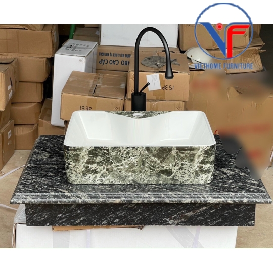 Bồn Lavabo Rửa Mặt Đặt Bàn Sứ Chữ Nhật Họa Tiết vân đen khói