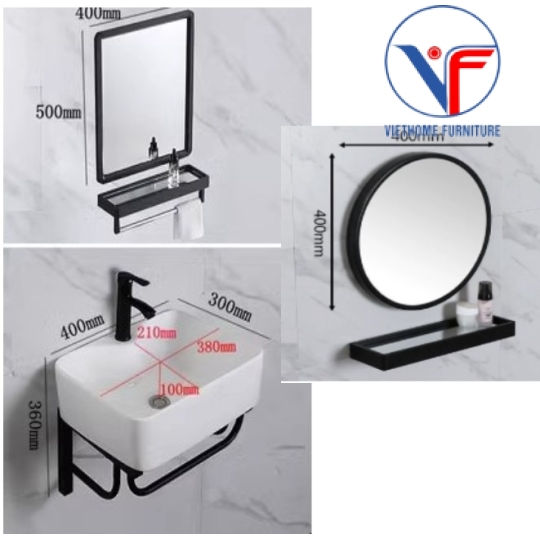 BỘ 4 MÓN CHÂN KỆ LAVABO + CHẬU LAVABO + KỆ GƯƠNG + GƯƠNG