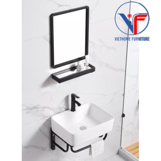BỘ 4 MÓN CHÂN KỆ LAVABO + CHẬU LAVABO + KỆ GƯƠNG + GƯƠNG