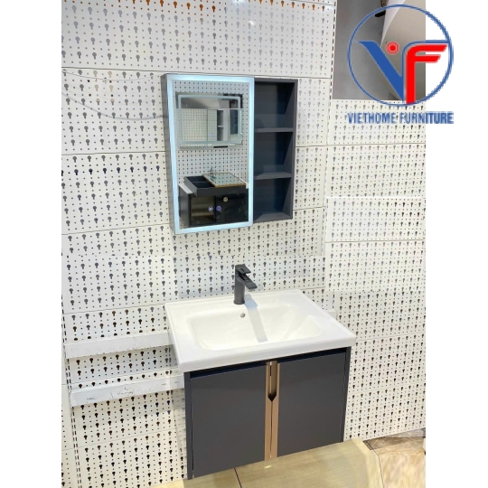 Bộ tủ lavabo kèm tủ gương có đèn led size 60cm màu xám