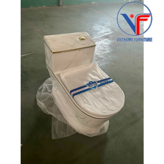 Bồn cầu lùn men trắng vân đá viền vàng