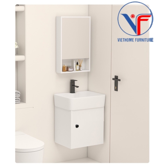 Bộ tủ lavabo kèm tủ gương bằng nhựa đặc màu trắng