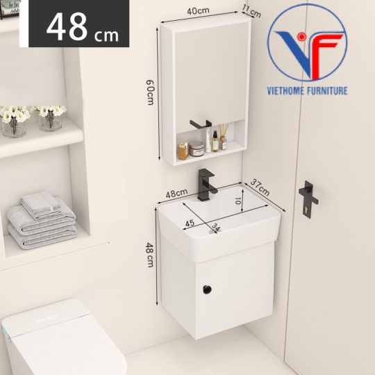 Bộ tủ lavabo kèm tủ gương bằng nhựa đặc màu trắng