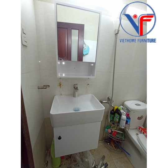 Bộ tủ lavabo kèm tủ gương bằng nhựa đặc màu trắng