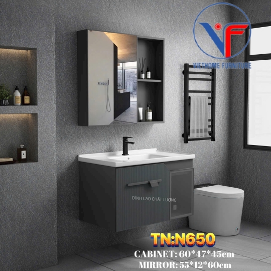 Bộ tủ lavabo nhôm kèm tủ gương màu xám size 60cm