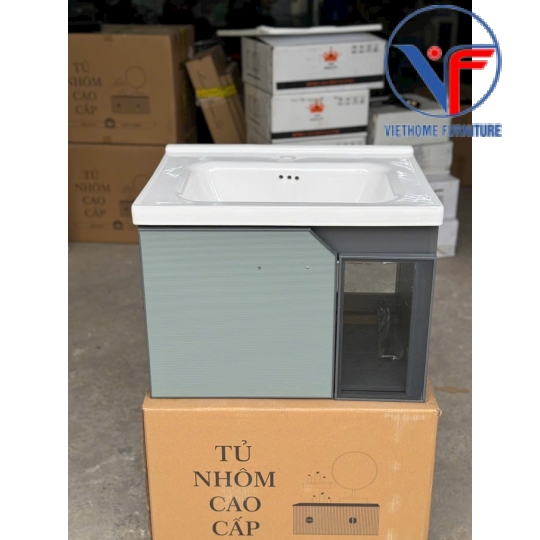Bộ tủ lavabo nhôm kèm tủ gương màu xám size 60cm