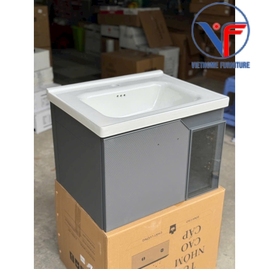 Bộ tủ lavabo nhôm kèm tủ gương màu xám size 60cm