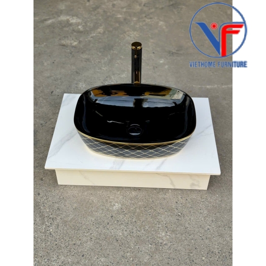 Lavabo đặt bàn màu đen sọc ca rô vàng