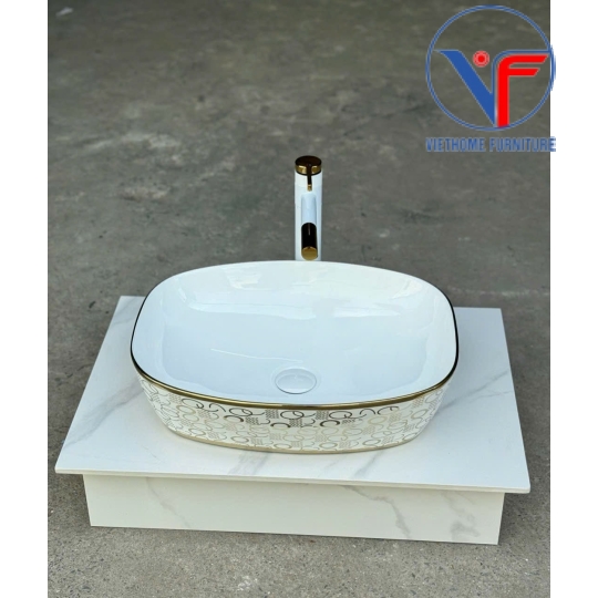 Lavabo đặt bàn màu trắng họa tiết màu vàng bóng