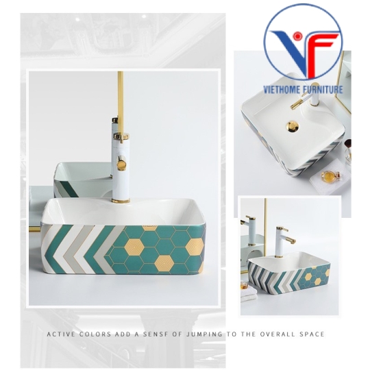 LAVABO - CHẬU RỬA MẶT ĐẶT BÀN HÌNH VUÔNG Hoạ Tiết Hoa Văn XANH