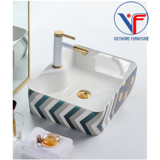 LAVABO - CHẬU RỬA MẶT ĐẶT BÀN HÌNH VUÔNG Hoạ Tiết Hoa Văn XANH