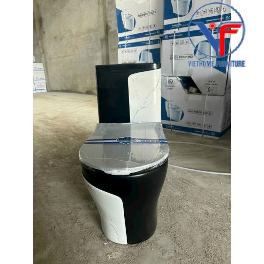 Bồn Cầu Khối Đen Trắng Họa Tiết Vân Đá