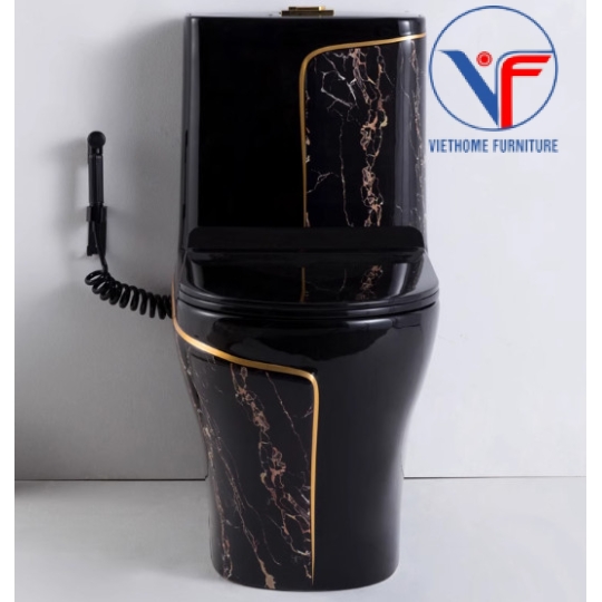 Bồn Cầu Khối Đen Chỉ Vàng Họa Tiết