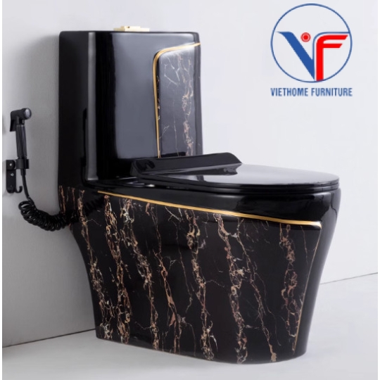 Bồn Cầu Khối Đen Chỉ Vàng Họa Tiết