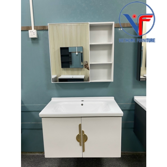 Tủ Lavabo Nhôm Gương Cao Cấp Màu Trắng Vàng size 60cm