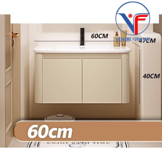 Tủ Lavabo Nhôm và Gương Cao Cấp Màu Kem size 60cm