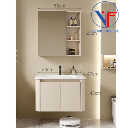 Tủ Lavabo Nhôm và Gương Cao Cấp Màu Kem size 60cm