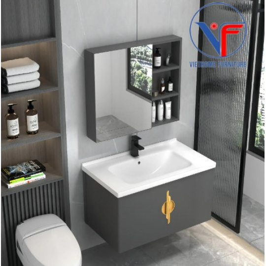 Tủ Lavabo Nhôm Gương Cao Cấp Màu Xám Vàng size 60cm