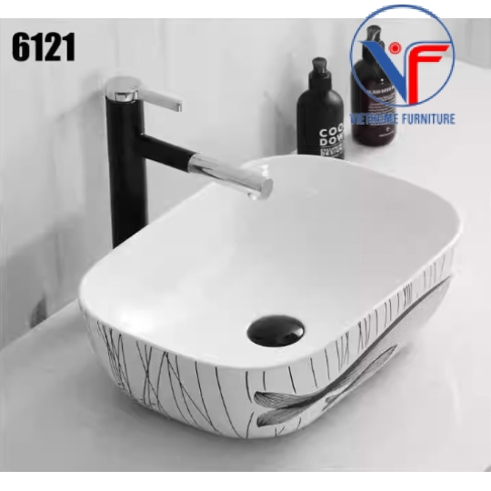 Lavabo đặt bàn màu trắng men sứ trắng hoa văn cá heo