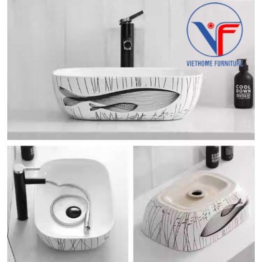 Lavabo đặt bàn màu trắng men sứ trắng hoa văn cá heo