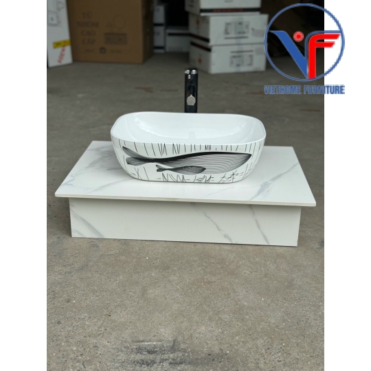 Lavabo đặt bàn màu trắng men sứ trắng hoa văn cá heo