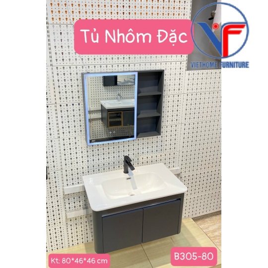 Bộ tủ lavabo màu xám kèm tủ gương có đèn led size 80cm