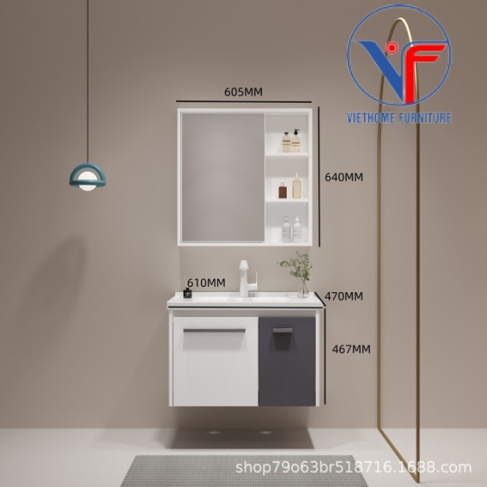 Bộ tủ lavabo cánh màu trắng đen kèm tủ gương size 60cm 