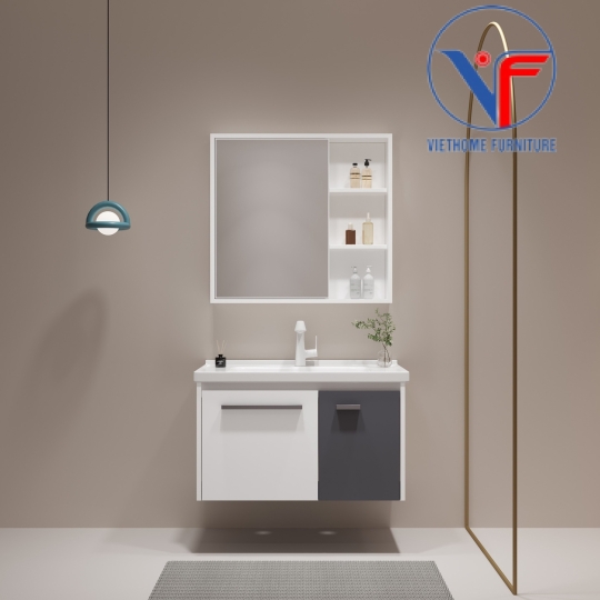 Bộ tủ lavabo cánh màu trắng đen kèm tủ gương size 60cm 
