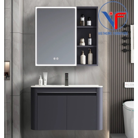 Bộ tủ lavabo màu xám kèm tủ gương có đèn led size 80cm