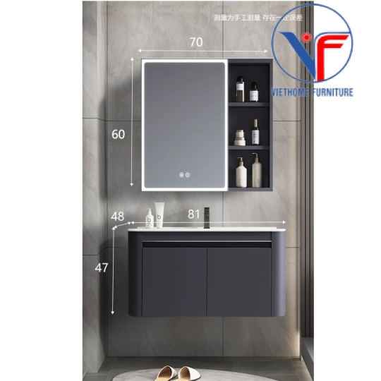 Bộ tủ lavabo màu xám kèm tủ gương có đèn led size 80cm