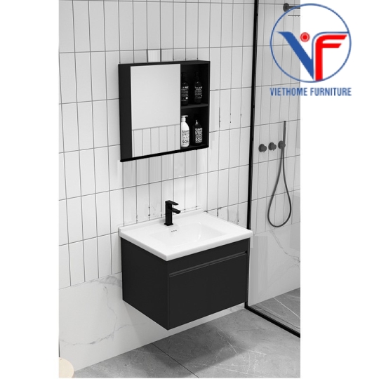 Bộ tủ lavabo kèm tủ gương bằng nhôm đặc màu đen