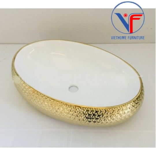 Lavabo đặt bàn màu trắng họa tiết chữ thập mạ màu vàng