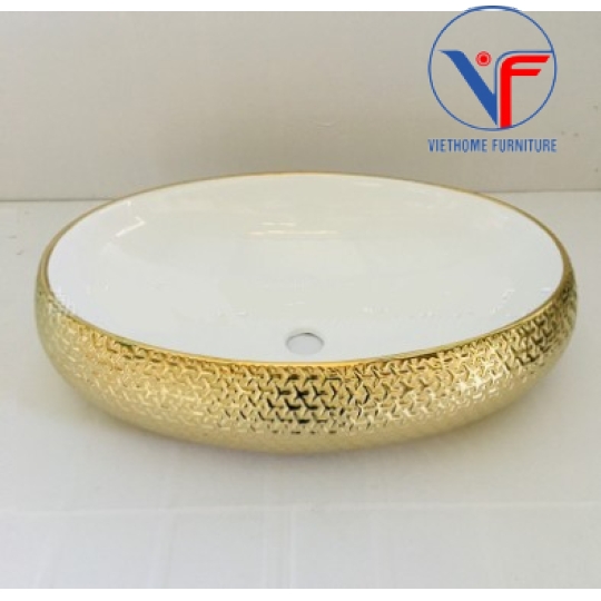 Lavabo đặt bàn màu trắng họa tiết chữ thập mạ màu vàng