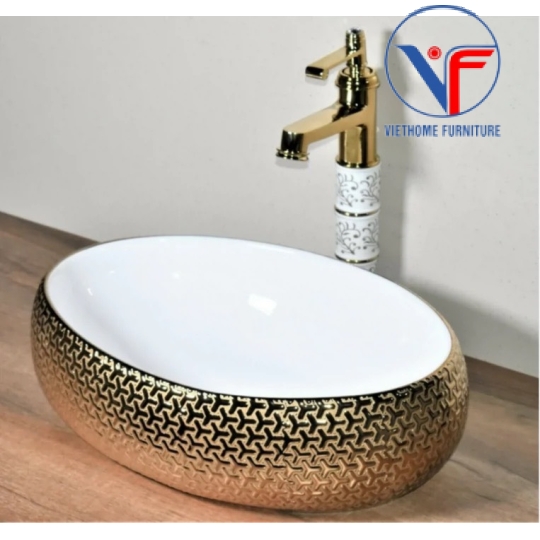 Lavabo đặt bàn màu trắng họa tiết chữ thập mạ màu vàng