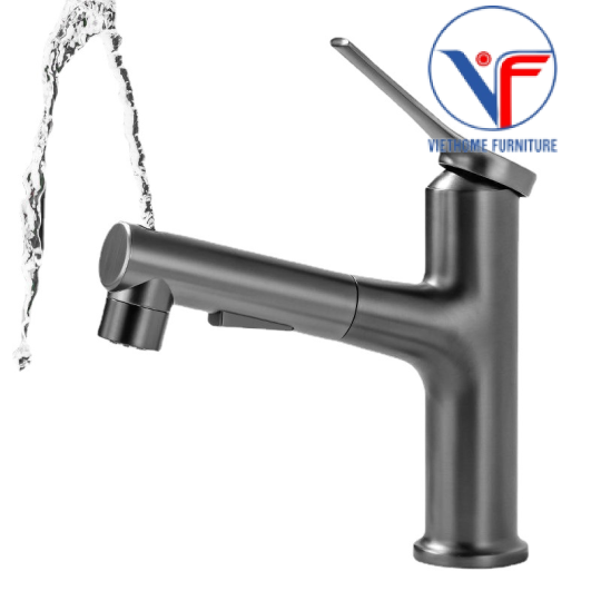 Vòi lavabo nóng lạnh rút dây, vòi rửa mặt đa năng màu xám