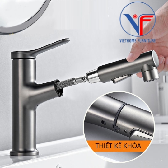 Vòi lavabo nóng lạnh rút dây, vòi rửa mặt đa năng màu xám