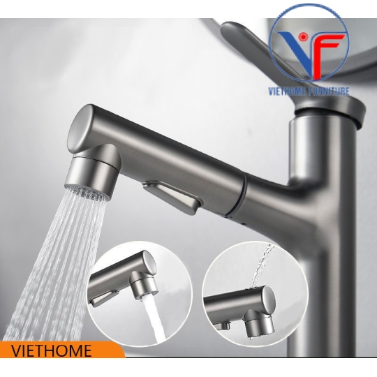 Vòi lavabo nóng lạnh rút dây, vòi rửa mặt đa năng màu xám
