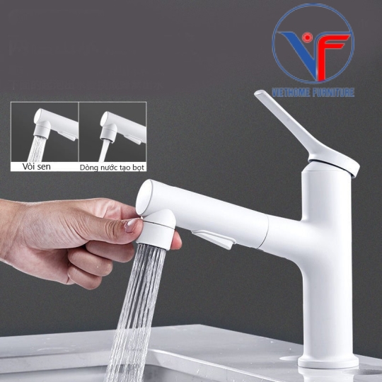 Vòi lavabo nóng lạnh rút dây, vòi rửa mặt đa năng màu trắng