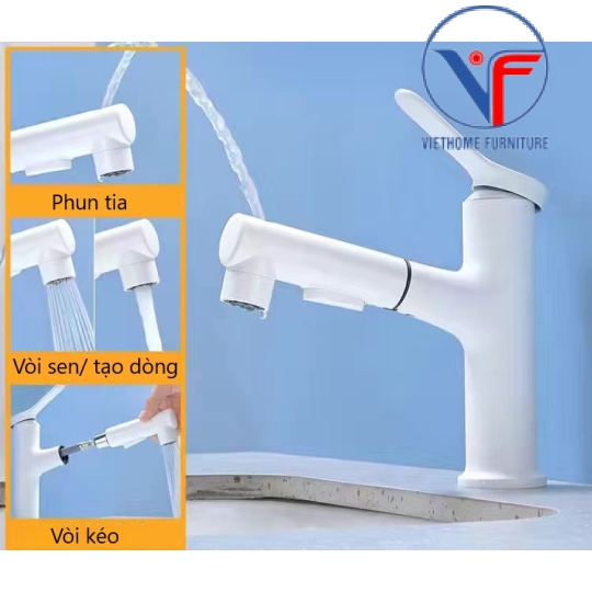 Vòi lavabo nóng lạnh rút dây, vòi rửa mặt đa năng màu trắng