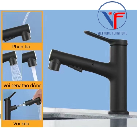 Vòi lavabo nóng lạnh rút dây, vòi rửa mặt đa năng màu đen