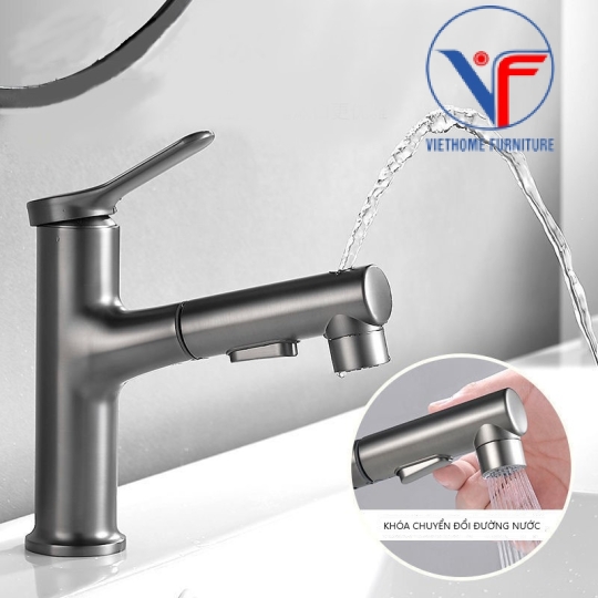 Vòi lavabo nóng lạnh rút dây, vòi rửa mặt đa năng màu xám