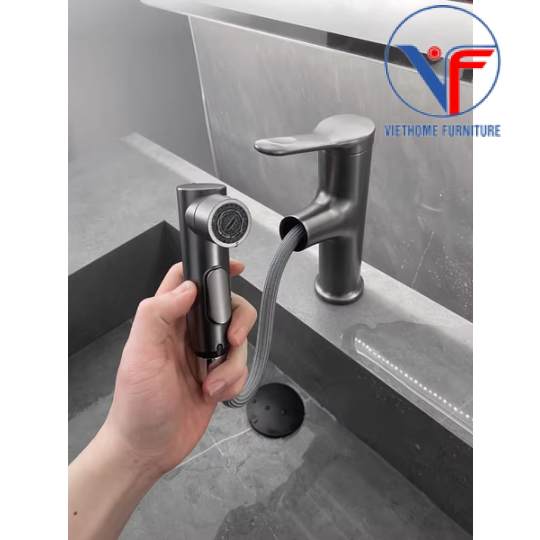 Vòi lavabo nóng lạnh rút dây, vòi rửa mặt đa năng màu xám