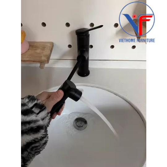 Vòi lavabo nóng lạnh rút dây, vòi rửa mặt đa năng màu đen