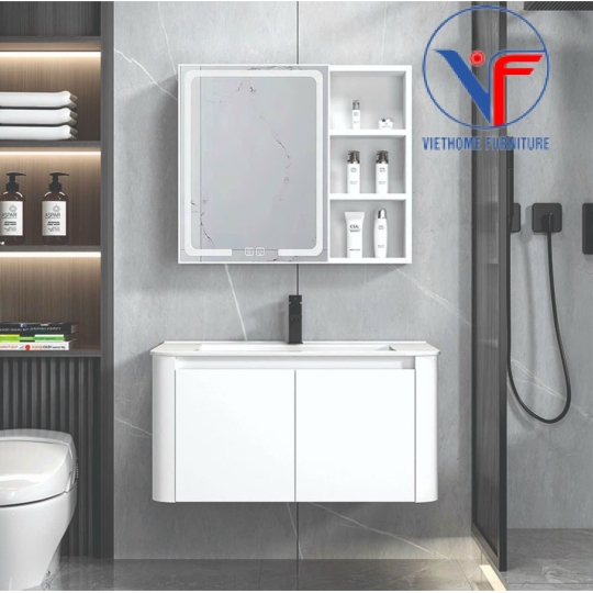 Bộ tủ lavabo màu kem kèm tủ gương có đèn led size 80cm