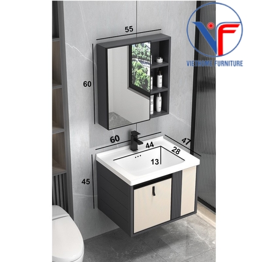 Bộ tủ lavabo treo tường gồm tủ lavabo và tủ gương bằng nhôm màu kem