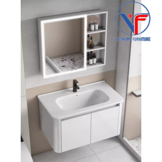 Bộ tủ lavabo màu trắng kèm tủ gương có đèn led size 80cm