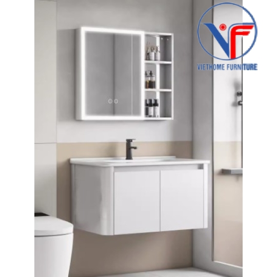 Bộ tủ lavabo màu trắng kèm tủ gương có đèn led size 80cm