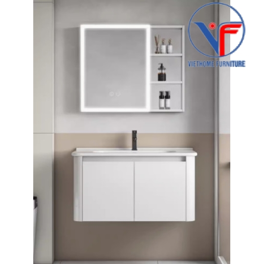 Bộ tủ lavabo màu trắng kèm tủ gương có đèn led size 80cm